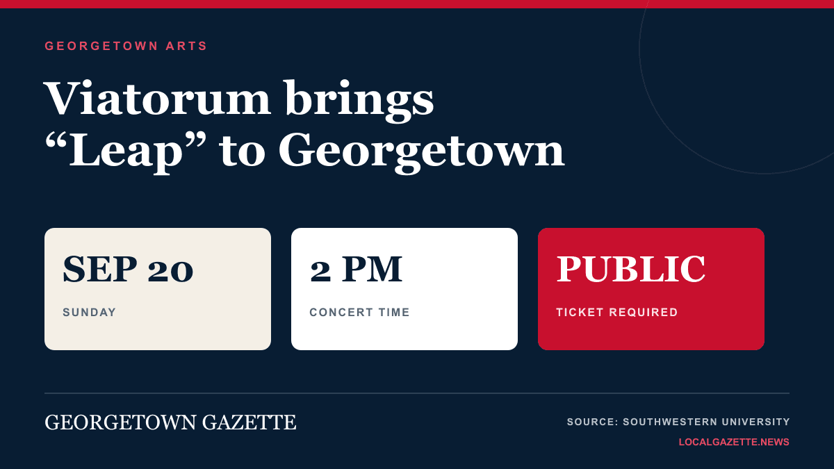 Georgetown arts graphic for Viatorum’s Leap concert at Southwestern University on September 20 at 2pm